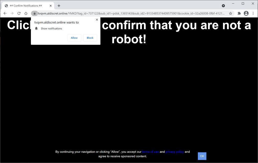 Image: Chrome browser is redirected to Aldiscret.online