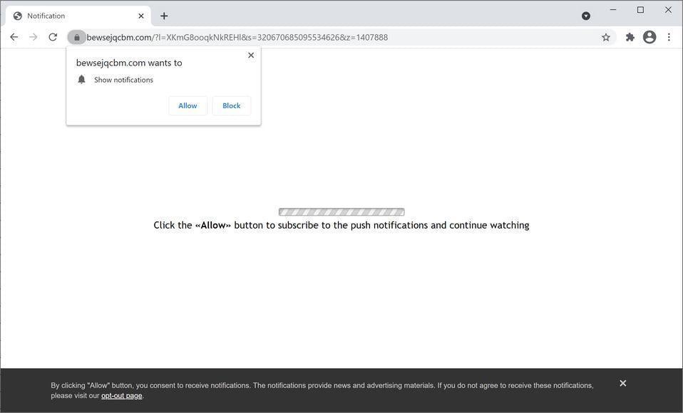 Image: Chrome browser is redirected to Bewsejqcbm.com