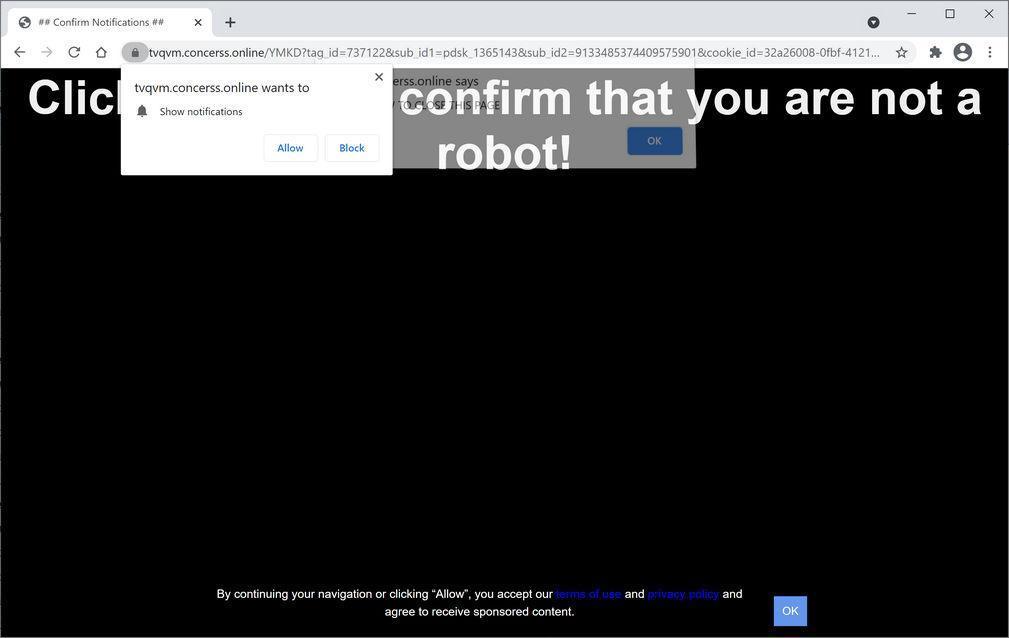 Image: Chrome browser is redirected to Concerss.online