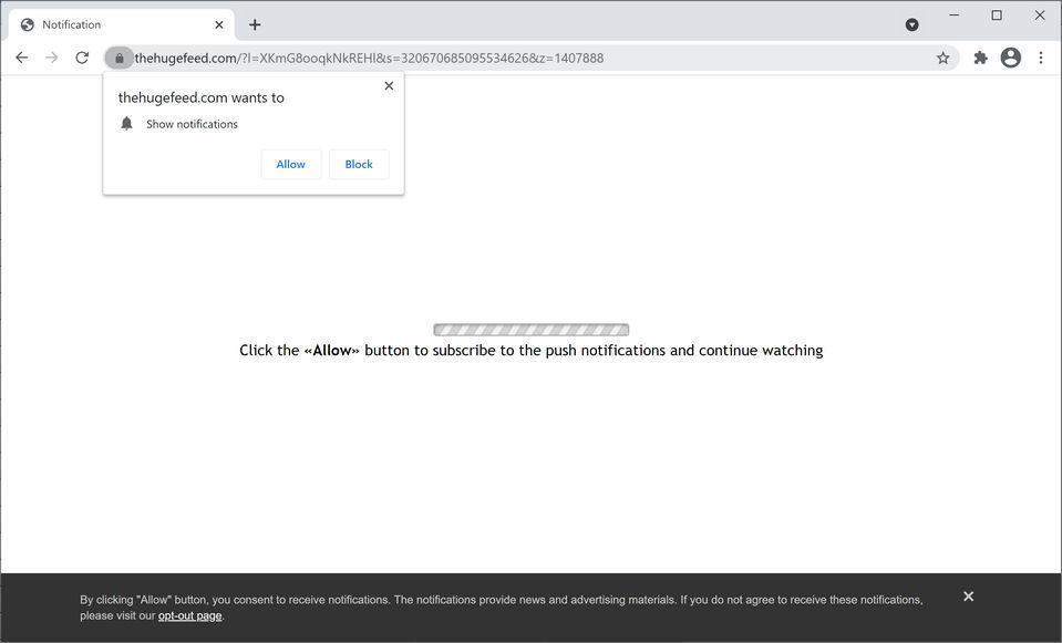 Image: Chrome browser is redirected to Thehugefeed.com