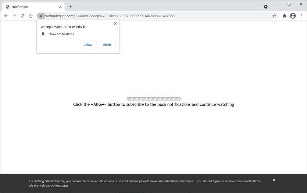 Image: Chrome browser is redirected to Webquizspot.com