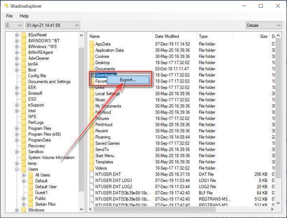 Найдите копию и нажмите «Экспор», чтобы восстановить файлы, зашифрованные программой-вымогателем COVID 19.
