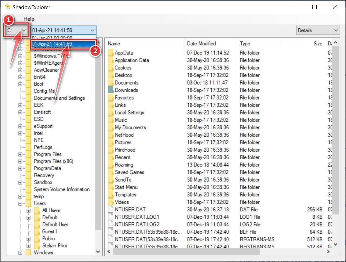 Select drive and date to recover the files encrypted by Wnbe ransomware 