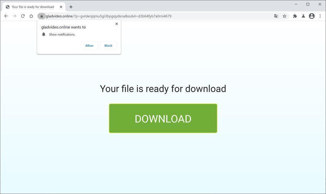 Image: Chrome browser is redirected to Gladvideo.online