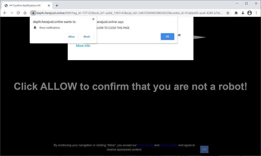 Image: Chrome browser is redirected to Herejusti.online