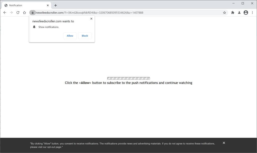 Image: Chrome browser is redirected to Newsfeedscroller.com
