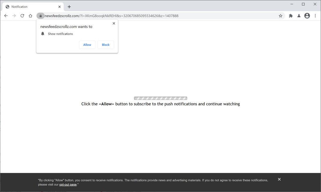 Image: Chrome browser is redirected to Newsfeedzscrollz.com