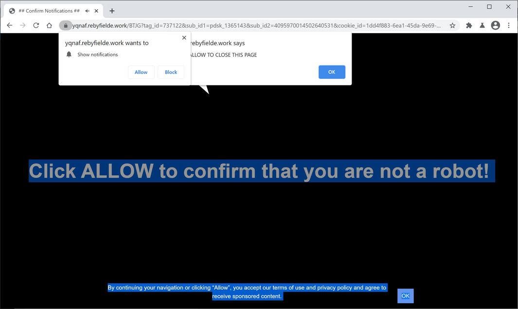 Image: Chrome browser is redirected to Rebyfielde.work