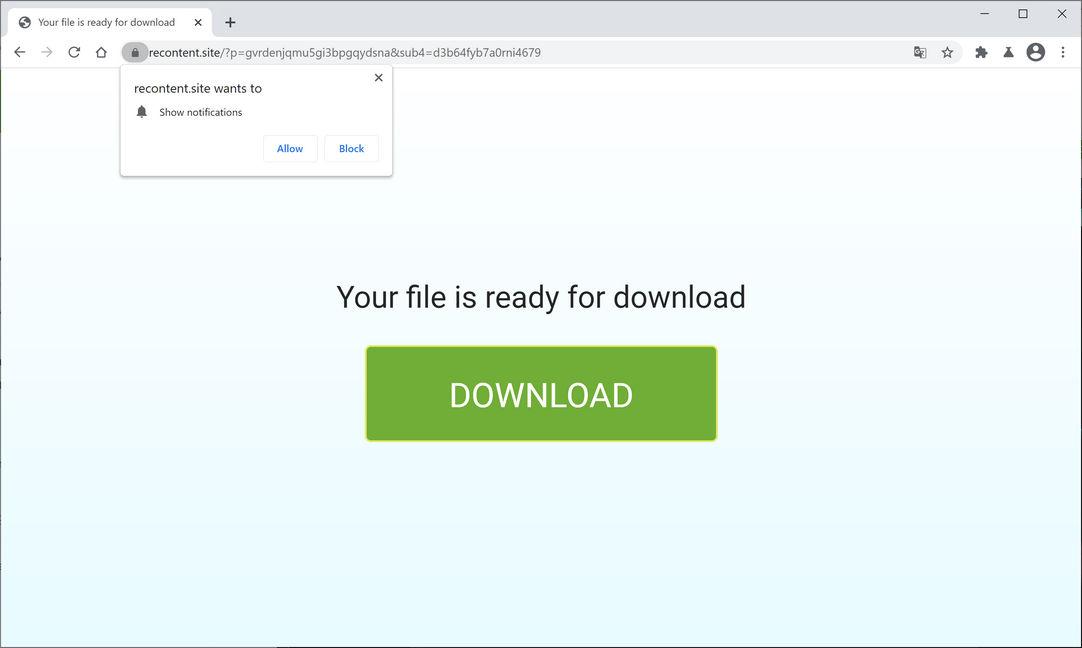 Image: Chrome browser is redirected to Recontent.site