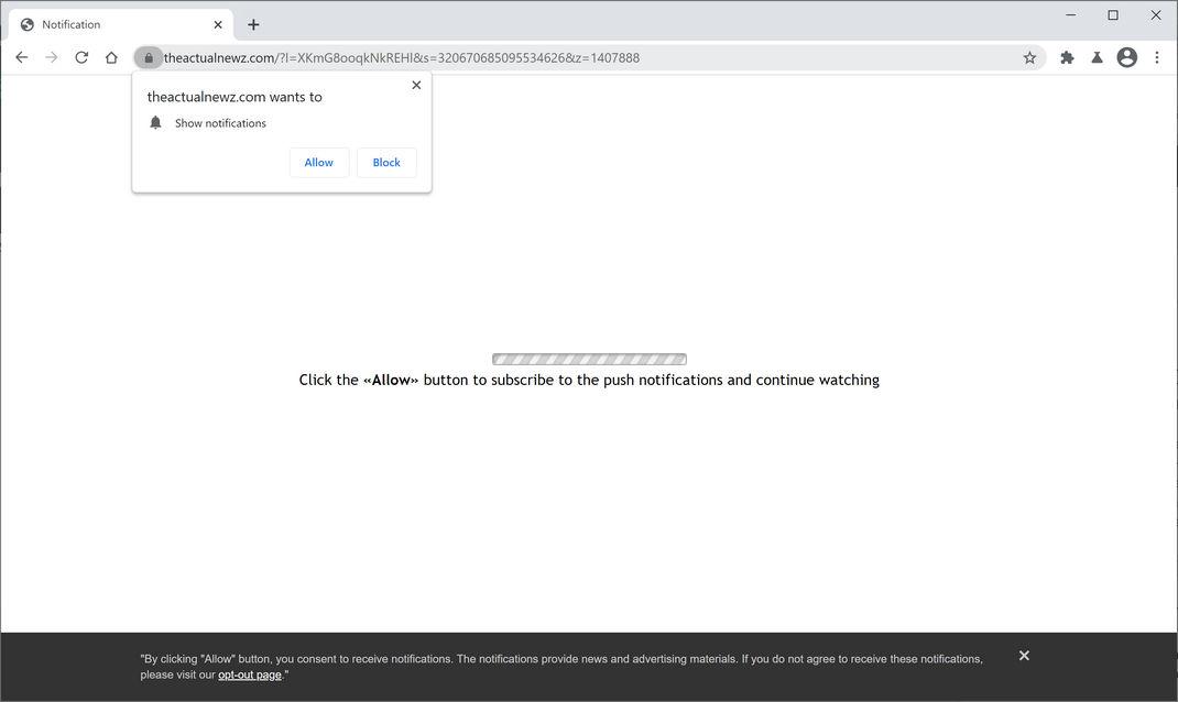 Image: Chrome browser is redirected to Theactualnewz.com