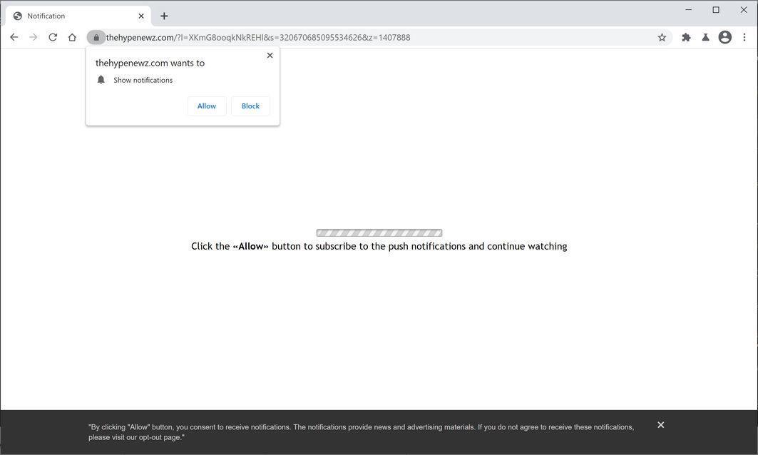 Image: Chrome browser is redirected to Thehypenewz.com