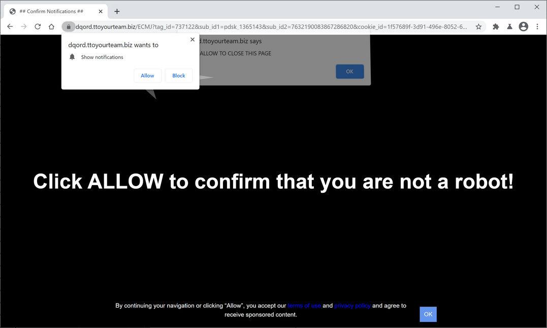Image: Chrome browser is redirected to Ttoyourteam.biz