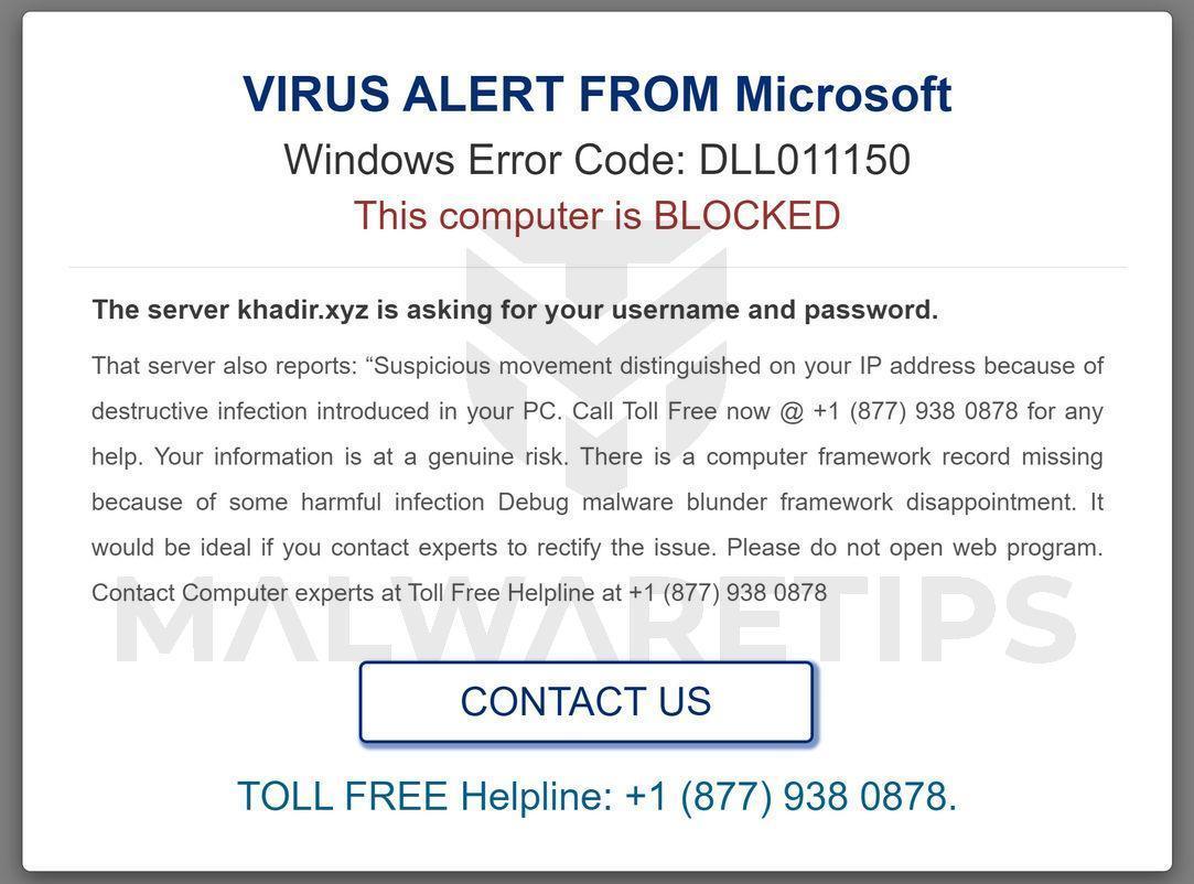 Image: Windows Error Code: DLL011150 - Tech Support Scam