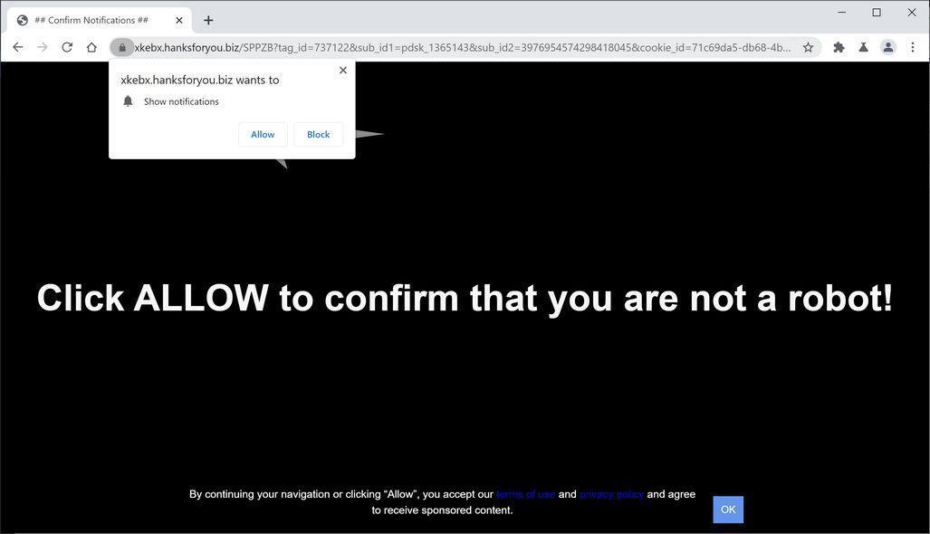 Image: Chrome browser is redirected to Hanksforyou.biz