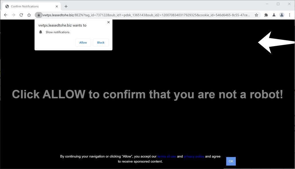 Image: Chrome browser is redirected to Leasedtohe.biz