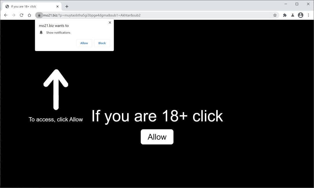 Image: Chrome browser is redirected to Mo21.biz