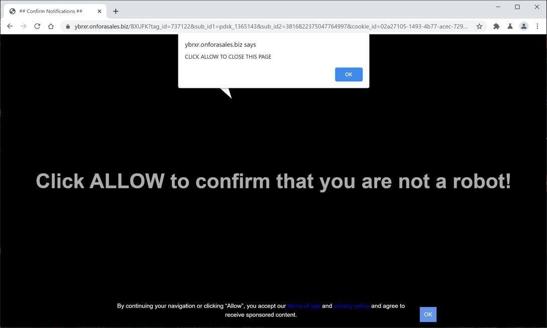 Image: Chrome browser is redirected to Onforasales.biz