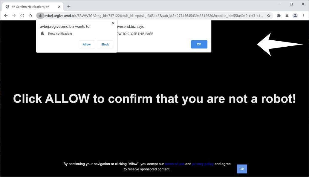 Image: Chrome browser is redirected to Segivesend.biz