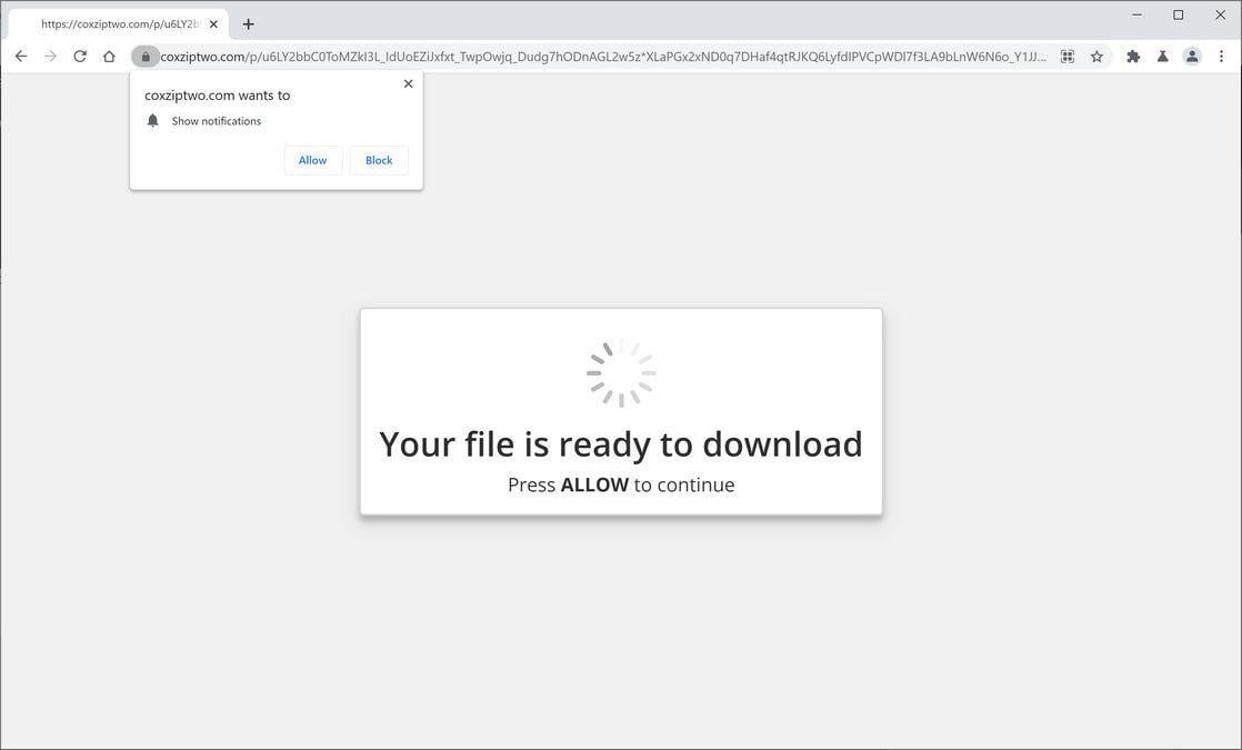 Image: Chrome browser is redirected to Coxziptwo.com