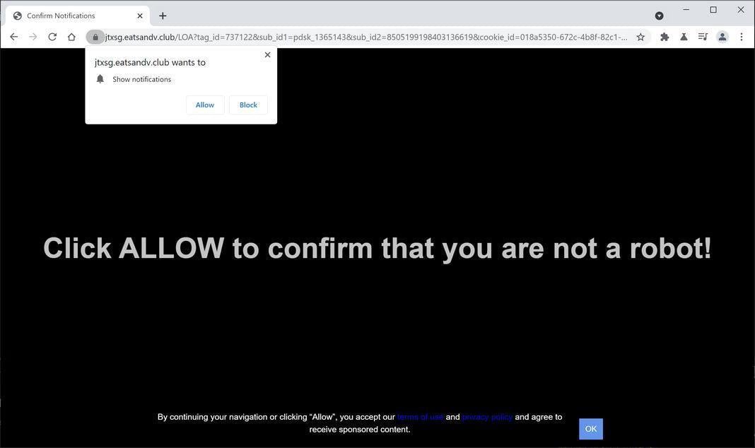 Image: Chrome browser is redirected to Eatsandv.club