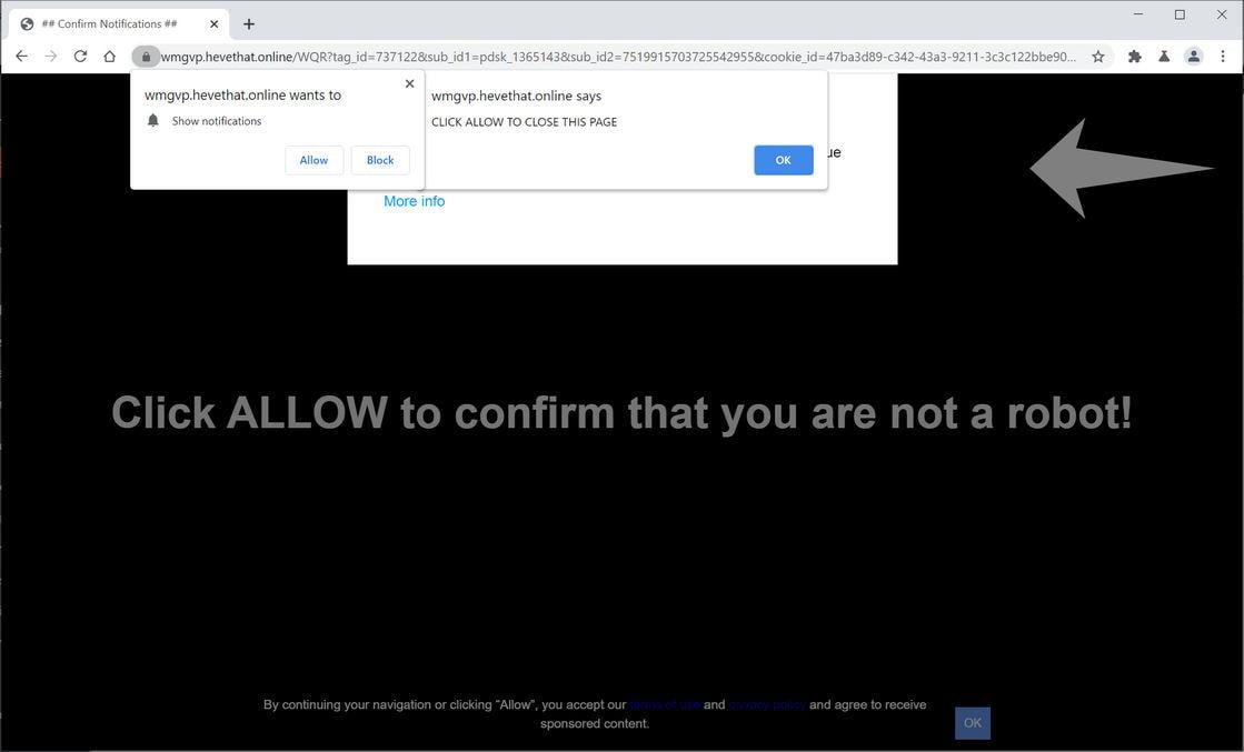 Image: Chrome browser is redirected to Hevethat.online
