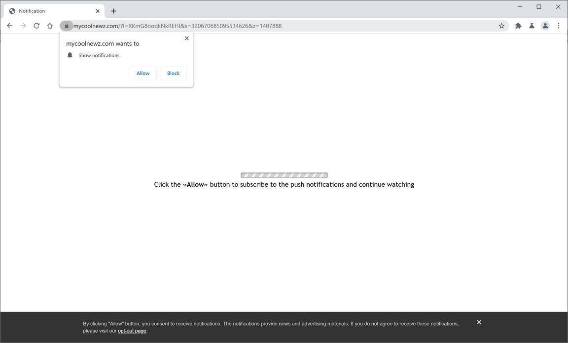 Image: Chrome browser is redirected to Mycoolnewz.com