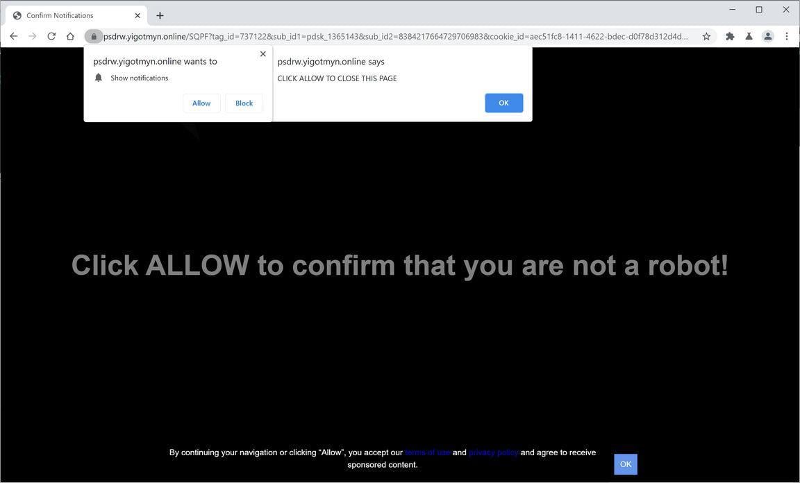 Image: Chrome browser is redirected to Yigotmyn.online