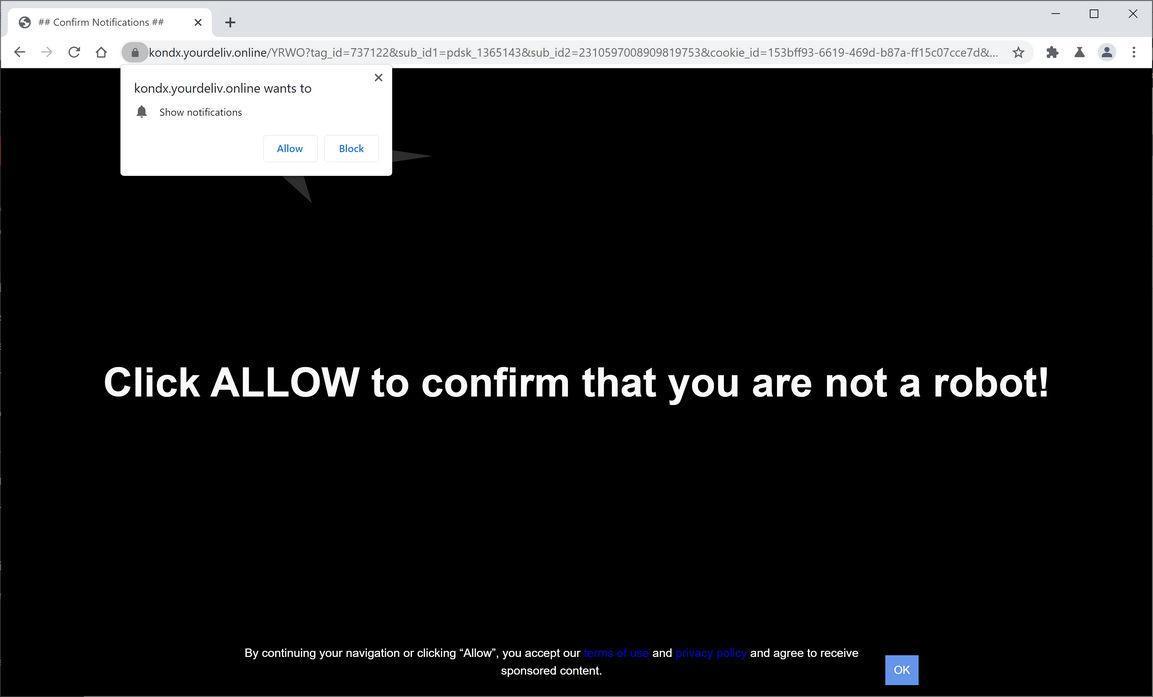 Image: Chrome browser is redirected to Yourdeliv.online