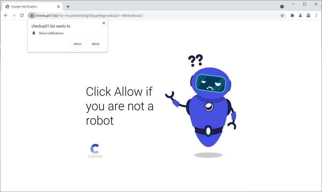 Image: Chrome browser is redirected to Checkup01.biz