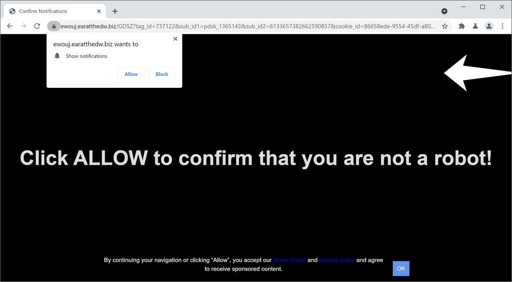 Image: Chrome browser is redirected to Earatthedw.biz