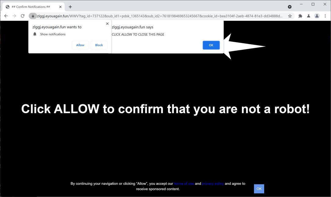 Image: Chrome browser is redirected to Eyouagain.fun