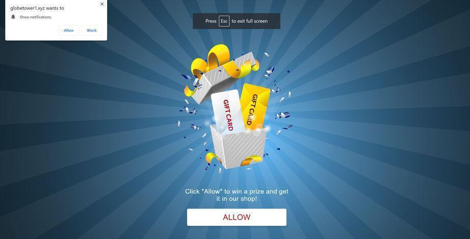 Image: Chrome browser is redirected to Globetower1.xyz