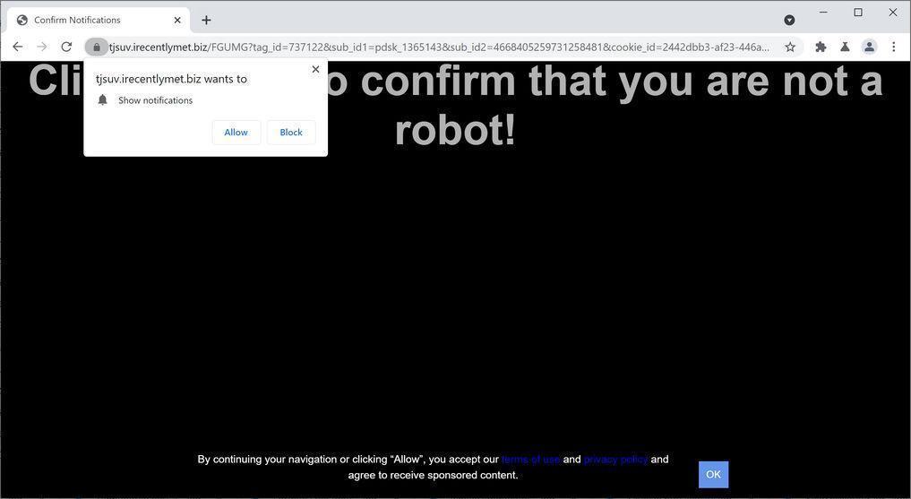 Image: Chrome browser is redirected to Irecentlymet.biz