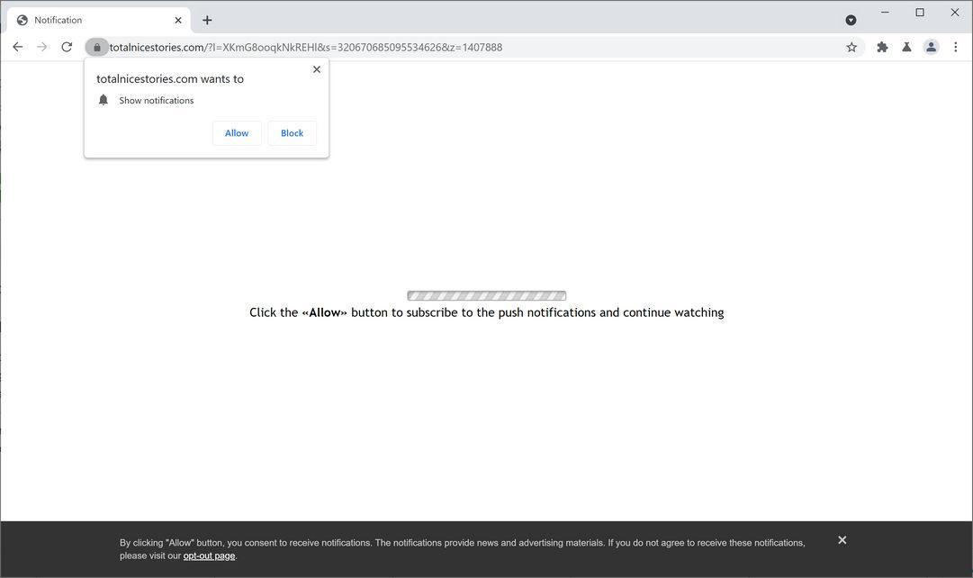 Image: Chrome browser is redirected to Totalnicestories.com