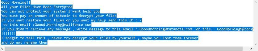 Image: Id() Send Email(Goood.Morning@mailfence.com).GoodMorning ransomware