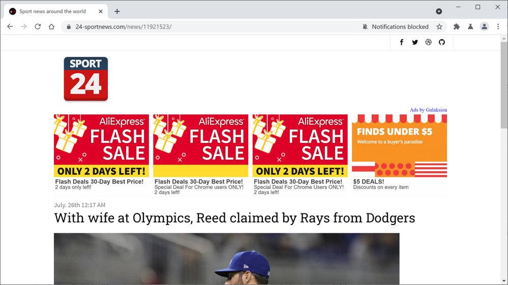 Image: Chrome browser is redirected to 24-sportnews.com