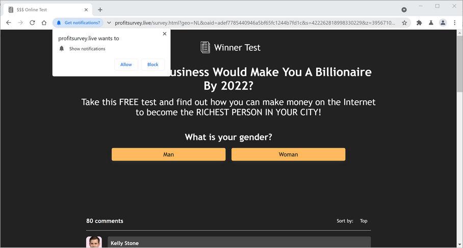 Image: Chrome browser is redirected to Profitsurvey.live