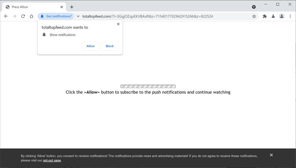 Image: Chrome browser is redirected to Totaltopfeed.com