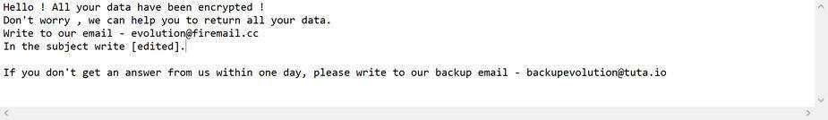 Image: Evolution ransomware note