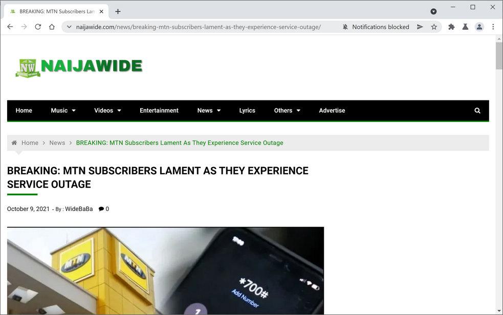 Image: Chrome browser is redirected to Naijawide.com