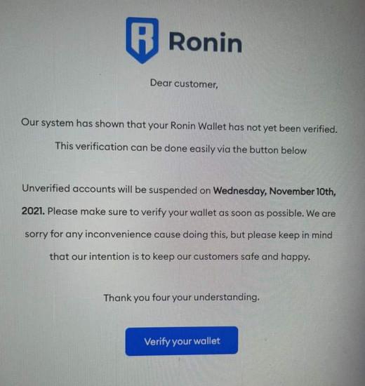 Image: Your Ronin wallet has not yet been verified Scam