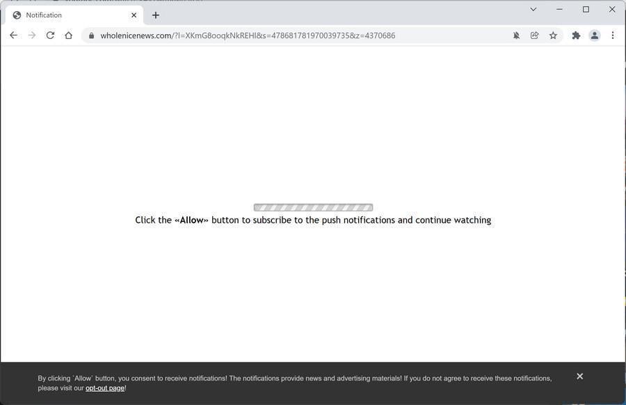 Image: Chrome browser is redirected to Wholenicenews.com