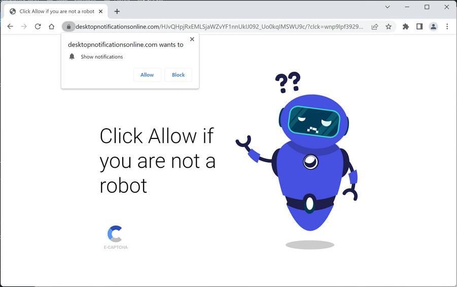 Image: Chrome browser is redirected to Desktopnotificationsonline.com