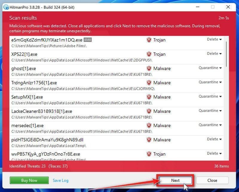 HitmanPro scan summary. Click Next to remove the Load.redtechportal.com malware