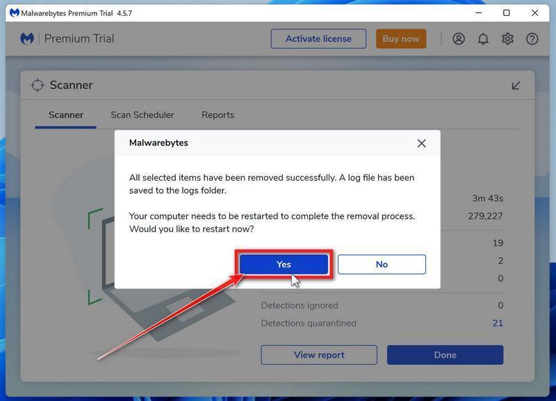 Malwarebytes requesting to restart computer to complete the Chill Search removal process