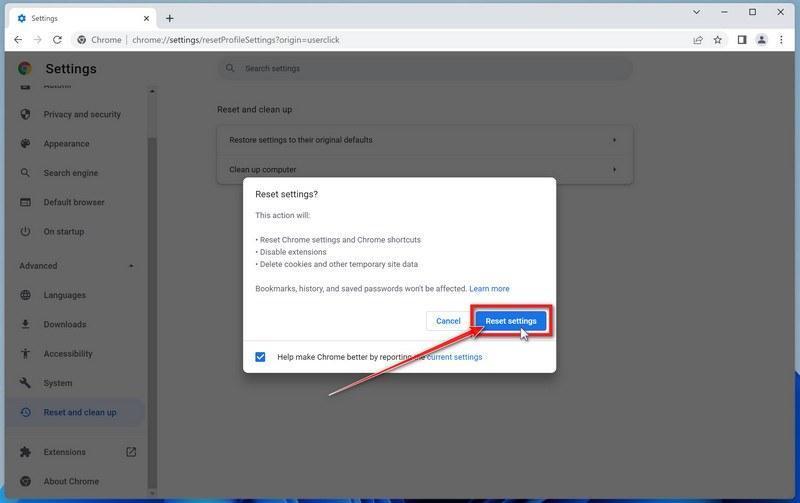 Click on Reset Settings to restore Google Chrome to its default settings