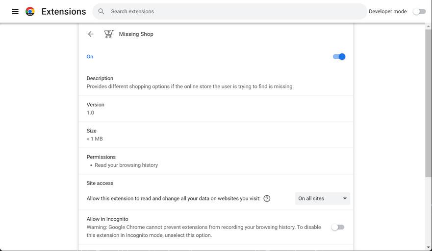 Image: Missing Shop Chrome extension