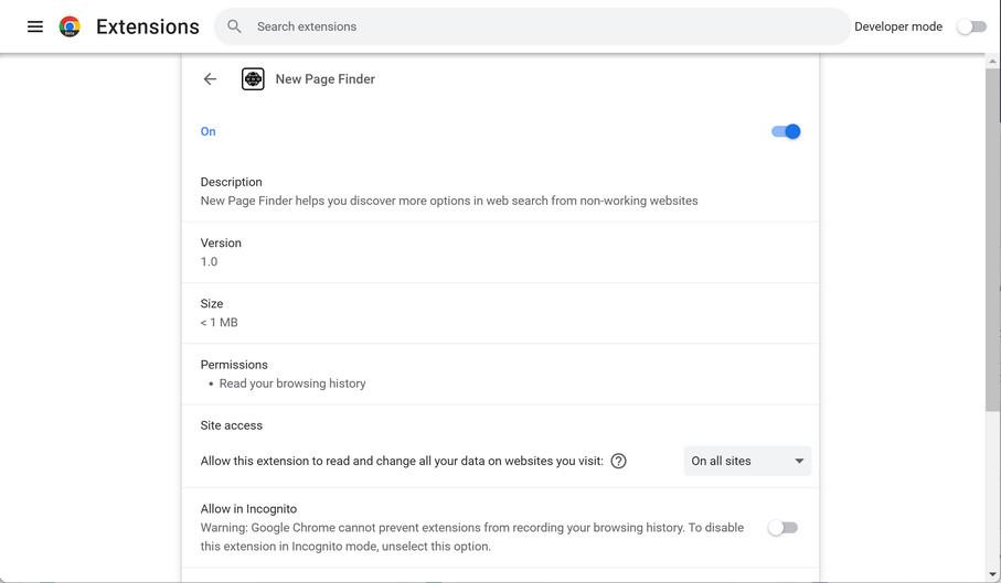 Image: New Page Finder Chrome extension