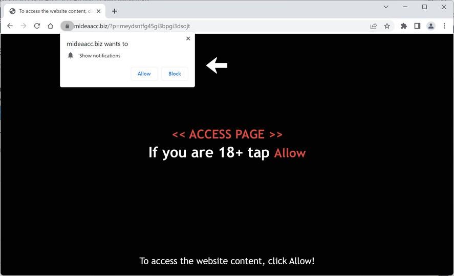 Image: Chrome browser is redirected to Mideaacc.biz