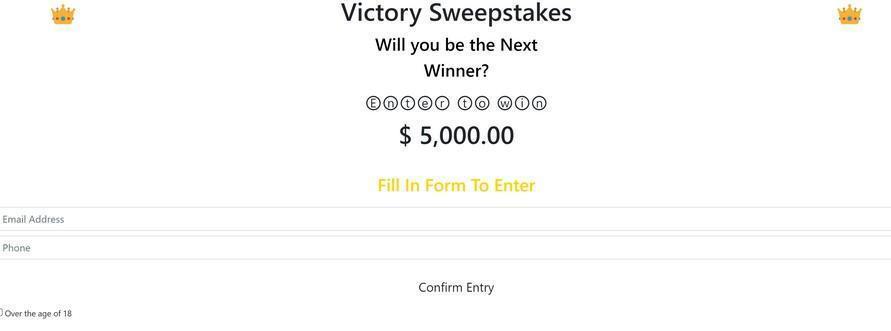 Image: Chrome browser is redirected to Victorysweepstakes.com
